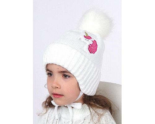 Детская шапка с отворотом и завязками единорожка, белая
