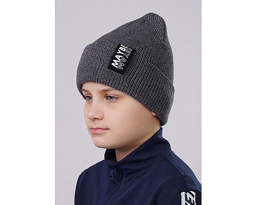 Детская двойная шапка с отворотом, меланж серый/черный