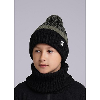 Детская шапка с отворотом и утеплением, черный/хаки