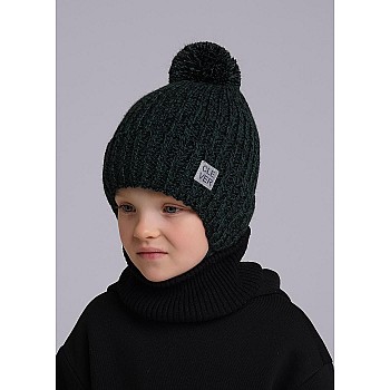 Детская шапка на завязках с отворотом, т.зеленый/черный