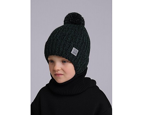 Детская шапка на завязках с отворотом, т.зеленый/черный