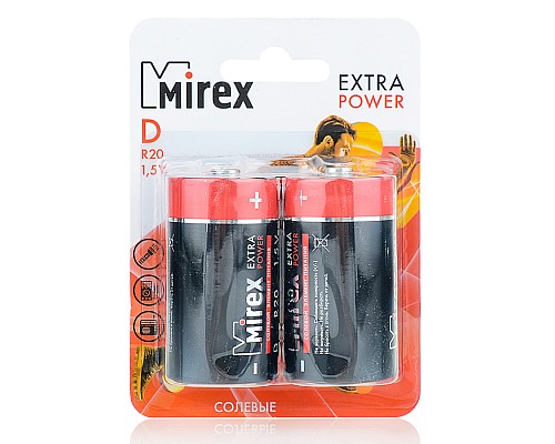 Батарея солевая Mirex R20/D 1,5V, 2 шт, ecopack
