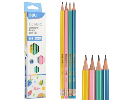Карандаш чернографит. HB Comiko шестигран. липа, ластик, коробка картонная
