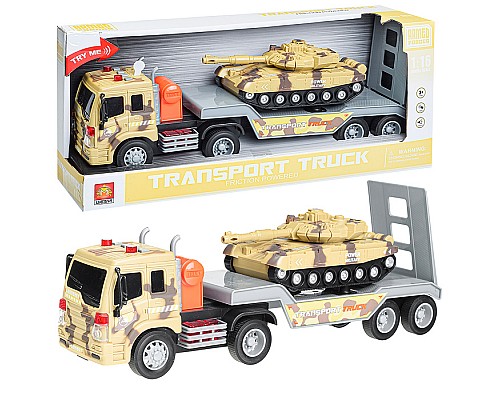 Автовоз "Военный" с танком, 1:16 (свет, звук) на батарейках, в коробке (камуфляж)