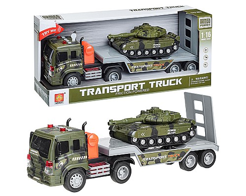 Автовоз "Военный" с танком, 1:16 (свет, звук) на батарейках, в коробке (зеленый)