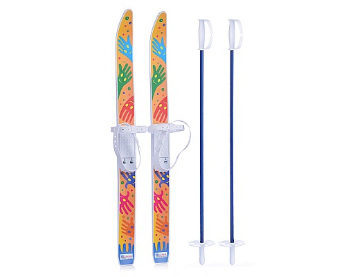 Игровые лыжи «Лыжики-пыжики» Ручки (игрушка детская)  75/75 см, крепление мягкое пластиковое, с палками стеклопластик (в сетке)