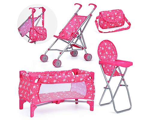 Кукольный набор (коляска, манеж, сумка, стульчик), цвет розовые звезды