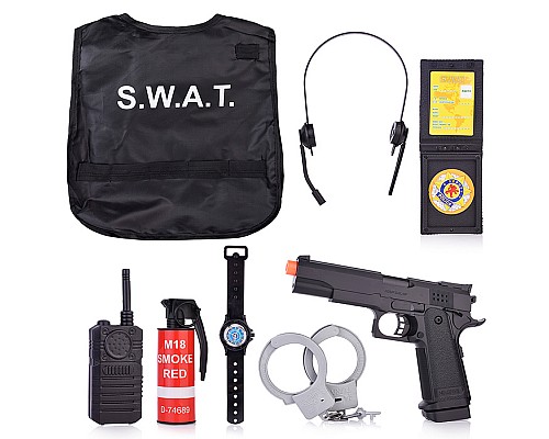 Набор полицейского (желет, оружие, часы, рация, значок, наручники) в пакете