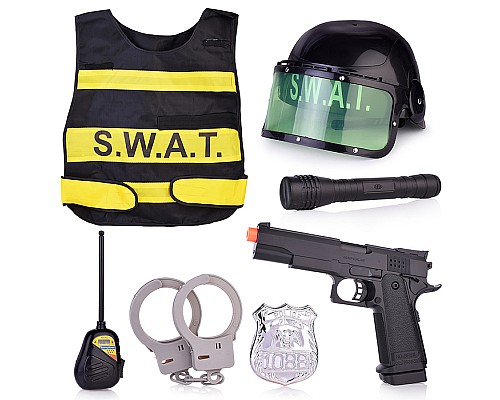 Набор полицейского YA-202 (жилет, каска, оружие, рация, значок, наручники) в пакете