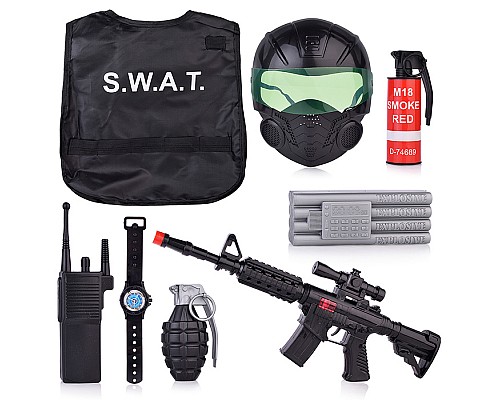 Набор полицейского (жилет, каска, оружие, часы, рация, значок, наручники) в пакете