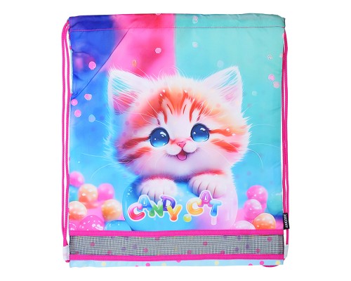 Сумка для сменной обуви "Candy Cat" 40x47 см, водоотталкивающая ткань, на веревочной завязке, с вставкой из пластиковой сетки для вентиляции, с петлей для повеса и переноски