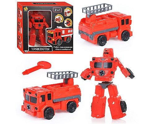 Тракботы робот-трансформер Пожарный автоподъемник, 10 см, коробка с окном