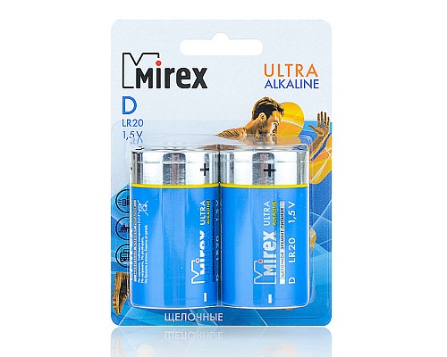 Батарея щелочная Mirex LR20 / D 1,5V, 2 шт.. ecopack