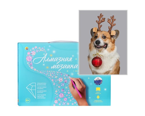 Алмазная мозаика 22х32 "Удивлённый корги" c подр., с полн. заполн.(24цв) (блест.)