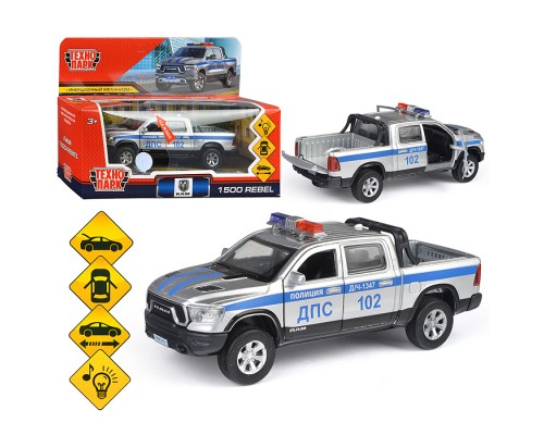 Машина металл Dodge Ram Полиция 13 см, (свет-звук,двер, баг, серебр.) инерц., в коробке