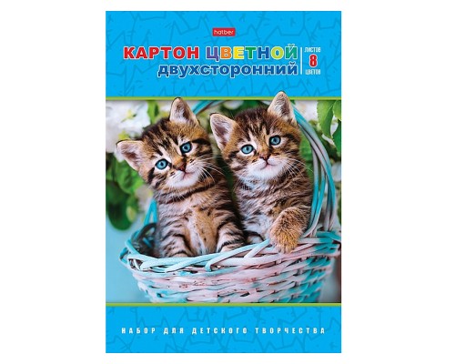 Набор картона цветной мелованный двухсторонний 8л., 8 цв., А4ф "Ушки на макушке"