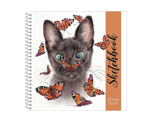 Тетрадь 80л. "Premium. Котик с бабочками" SketchBook А5ф