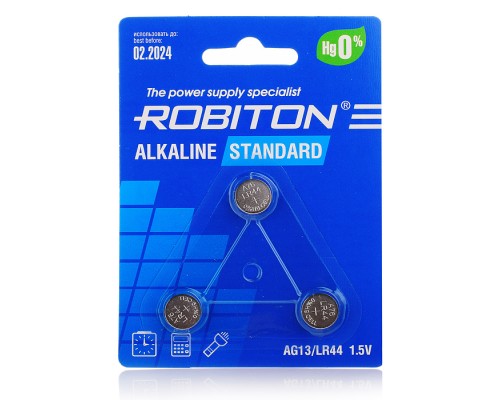 Батарейки алкалиновые ROBITON STANDARD R-AG3-0-BL3 (0% Hg) AG13 LR44 357 А76 МЦ-1154 BL3