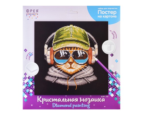 Кристальная (алмазная) мозаика постер "Кот- меломан" 30 х 30 см,