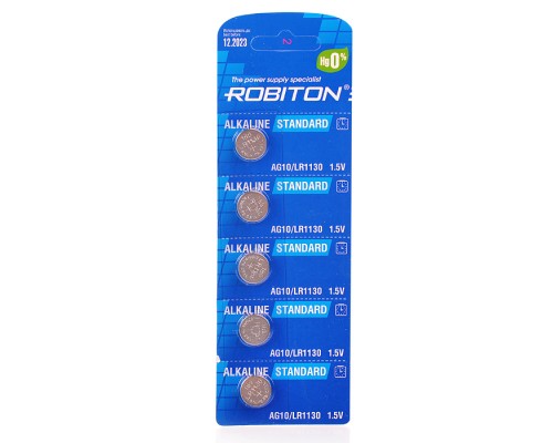 Батарейки алкалиновые ROBITON STANDARD R-AG10-0-BL5 (0% Hg) AG10 LR1130 389 189 LR54 BL5