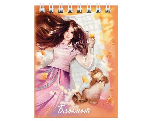 Блокнот 40 л, А7 "Девушка с котиком" гребень