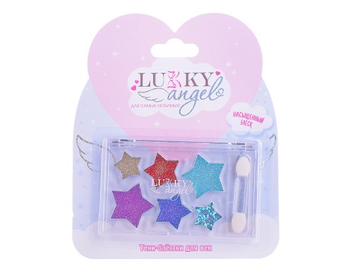 Тени для век Lukky Angel с блёстками, палетка с форм. Звездочки, 6 цветов: розов., золот., пурпур., изумруд., синий, цвет морской волны,5,4 г,с аппликатором, блистер