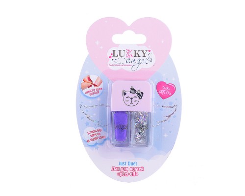 Двойные лаки для ногтей Lukky Angel Just Duet  кол-я Kitty, темно-фиолетовый с блестками и серебряный с блестками, блистер, 2 по 4 мл
