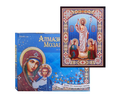 Алмазная мозаика 30х40 "Икона Воскресения Христова" с подрамником c част. зап. (блест)