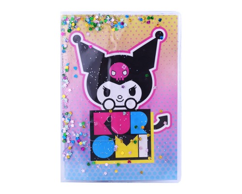 Блокнот "Kuromi-1", формат А6, 11х15 см, 56 листов в клетку на скрепке, обложка с гелевым наполнением, глиттер внутри, морозостойкий