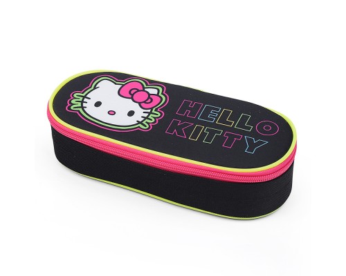 Пенал корпусный овальный Hello Kitty Neon, размер 210*85*50 мм. Жесткий каркас овальной формы на картоне с закругленными краями. Корпус покрыт  полиэстером 210 ден. По краям имеется текстильная отделка