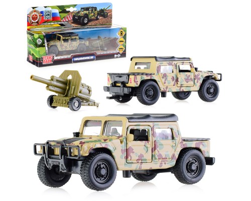 Машина металл HUMMER h1 ВС Пикап, 11 см, (дв., баг., + пушка) инерц. в коробке