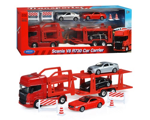 Набор 1:64, Грузовик Scania V8 R730 с тремя легковыми машинками