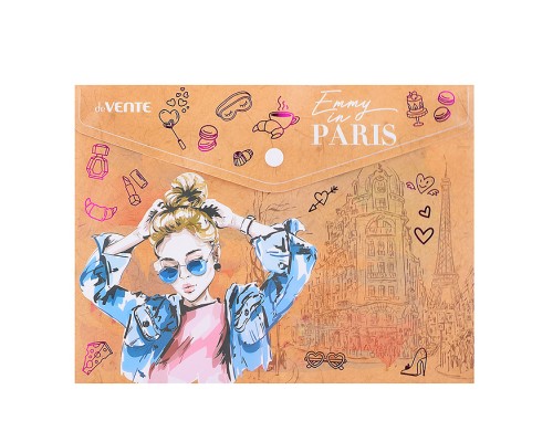 Папка-конверт на кнопке "Emmy in Paris" A5 (240x180 мм), 180 мкм, фактура крафт-имитация с рисунком, с тиснением фольгой, индивидуальная маркировка
