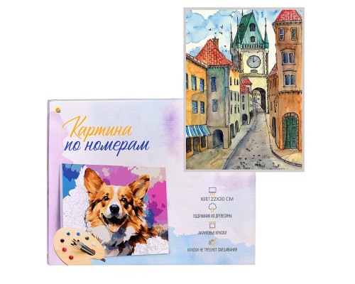 Холст с красками 22х30 по номерам "Старинный город" (18цв.)