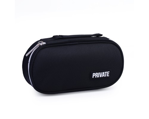 Пенал "Private" 21x10x6 см, овальный для 60 предметов, с внутренним органайзером-тройной створкой, с ручкой для переноски, текстильный с каучуковой аппликацией, на молнии, черный