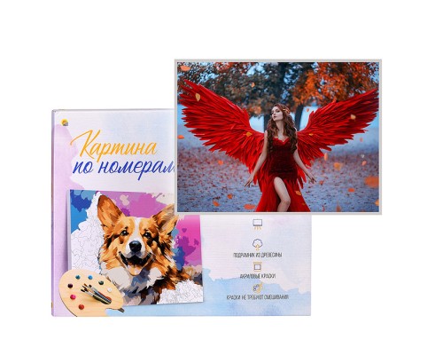 Холст с красками 17х22 по номерам "Девушка-ангел с красными крыльями" (14цв.)