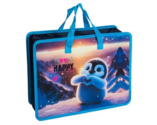 Папка для тетрадей, ИЗО и технологии "Happy Pinguin" A4 (33,5x26x10 см) с текстильным расширением 10 см, на молнии сверху, пластик 400 мкм, текстильные ручки, в пластиковом пакете