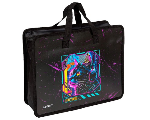 Папка для тетрадей, ИЗО и технологии "Label. Cyber Cat" A4 (33,5x26x10 см) с текстильным расширением 10 см, на молнии сверху, пластик 400 мкм, текстильные ручки, в пластиковом пакете