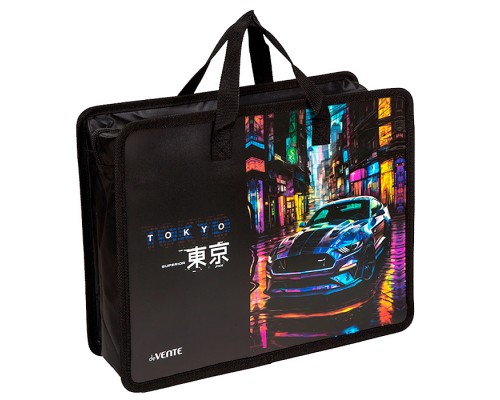 Папка для тетрадей, ИЗО и технологии "Label. Tokyo Drift" A4 (33,5x26x10 см) с текстильным расширением 10 см, на молнии сверху, пластик 400 мкм, текстильные ручки, в пластиковом пакете