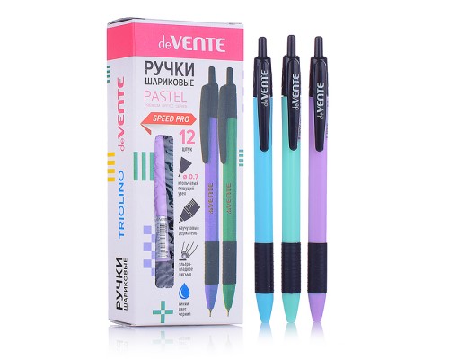 Ручка шариковая автоматическая "Triolino Pastel" серия Speed Pro, d=0,7 мм, ультра гладкое письмо, чернила на масляной основе, стандартный пишущий узел, пастельный трехгранный корпус с черным каучуковым держателем, цвет корпуса ассорти неон, сме