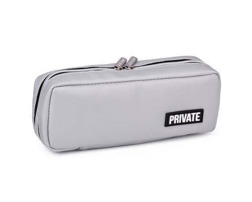 Пенал "Private" 21x9x5 см, прямоугольный, матовая искусственная кожа, на молнии, 3 внутренних отделения с перегородками, с каучуковой аппликацией, серебристый