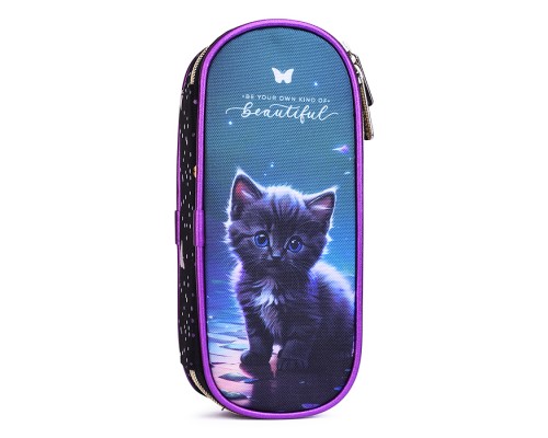 Пенал "Beautiful Cat" 21x8x5 см, овальный для 50 предметов, с внутренним органайзером-створкой, плотный износостойкий полиэстер с водоотталкивающей пропиткой, на молнии