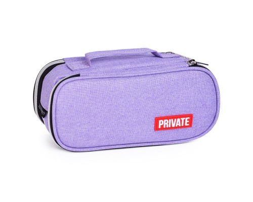 Пенал "Private" 22x9x8 см, овальный для 100 предметов, 3 отделения на молнии, 2 отделения с внутренним органайзером, текстильный, с ручкой, с каучуковой аппликацией, сиреневый