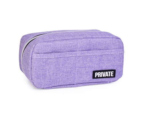 Пенал "Private" 21x10x7 см, прямоугольный для 80 предметов, плотный износостойкий полиэстер с водоотталкивающей пропиткой, на молнии, 3 внутренних отделения с перегородками, 2 внешних кармана открытого типа, с каучуковой аппликацией, сиреневый