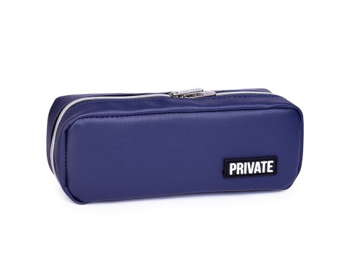 Пенал "Private" 21x9x5 см, прямоугольный для 60 предметов, матовая искусственная кожа до -40C, на молнии, 3 внутренних отделения с перегородками, с каучуковой аппликацией, темно-синий