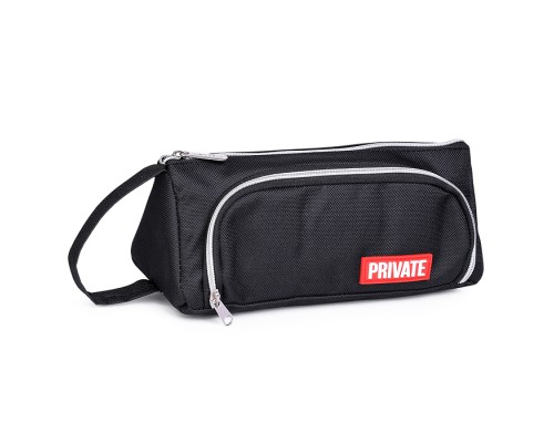Пенал "Private" 21x8,5x8,5 см, треугольный для 70 предметов, текстильный, на молнии, с ручкой, наружный объемный карман на молнии с плавающей перегородкой, с каучуковой аппликацией, черный
