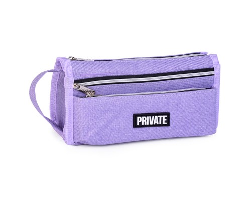 Пенал "Private" 21x10x7,5 см, прямоугольный для 60 предметов, текстильный, на молнии, 2 наружных объемных кармана на молнии, органайзер, с аппликацией из каучука, с ручкой-петлей, сиреневый
