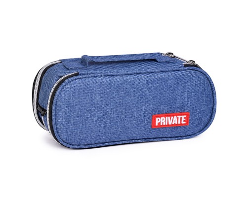 Пенал "Private" 22x9x8 см, овальный для 100 предметов, 3 отделения на молнии, 2 отделения с внутренним органайзером, текстильный, с ручкой, с каучуковой аппликацией, темно-синий
