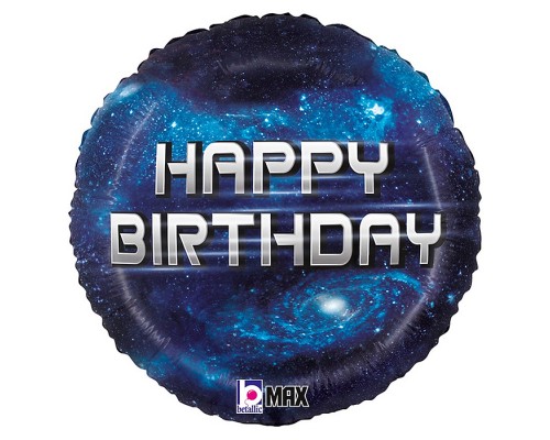 Шар (18''/46 см) Круг, Happy Birthday (космос), Темно-синий, 1 шт.