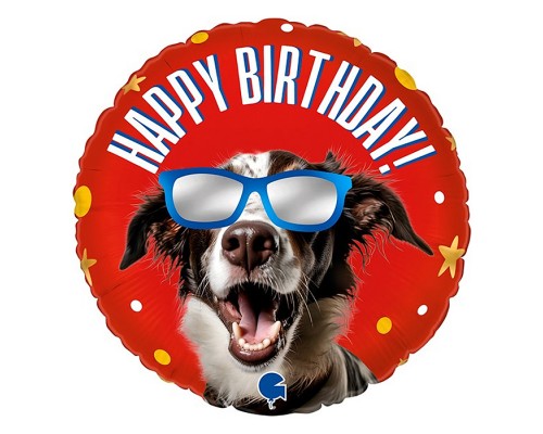 Шар (18''/46 см) Круг, Happy Birthday (классный пес в очках), Красный, 1 шт.